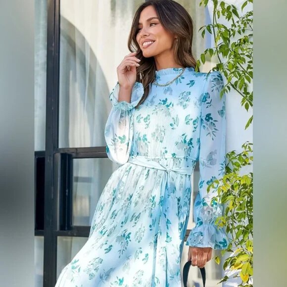 ANRABESS Women's Floral Chiffon Midi Dress with Puff Long Sleeves and Mock Neck - Picture 12 of 15